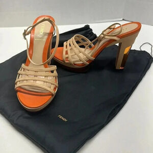 Fendi High Heel Pumps Shoes Ankle Strap Leather Designer Orange Tan Size 37 6.5